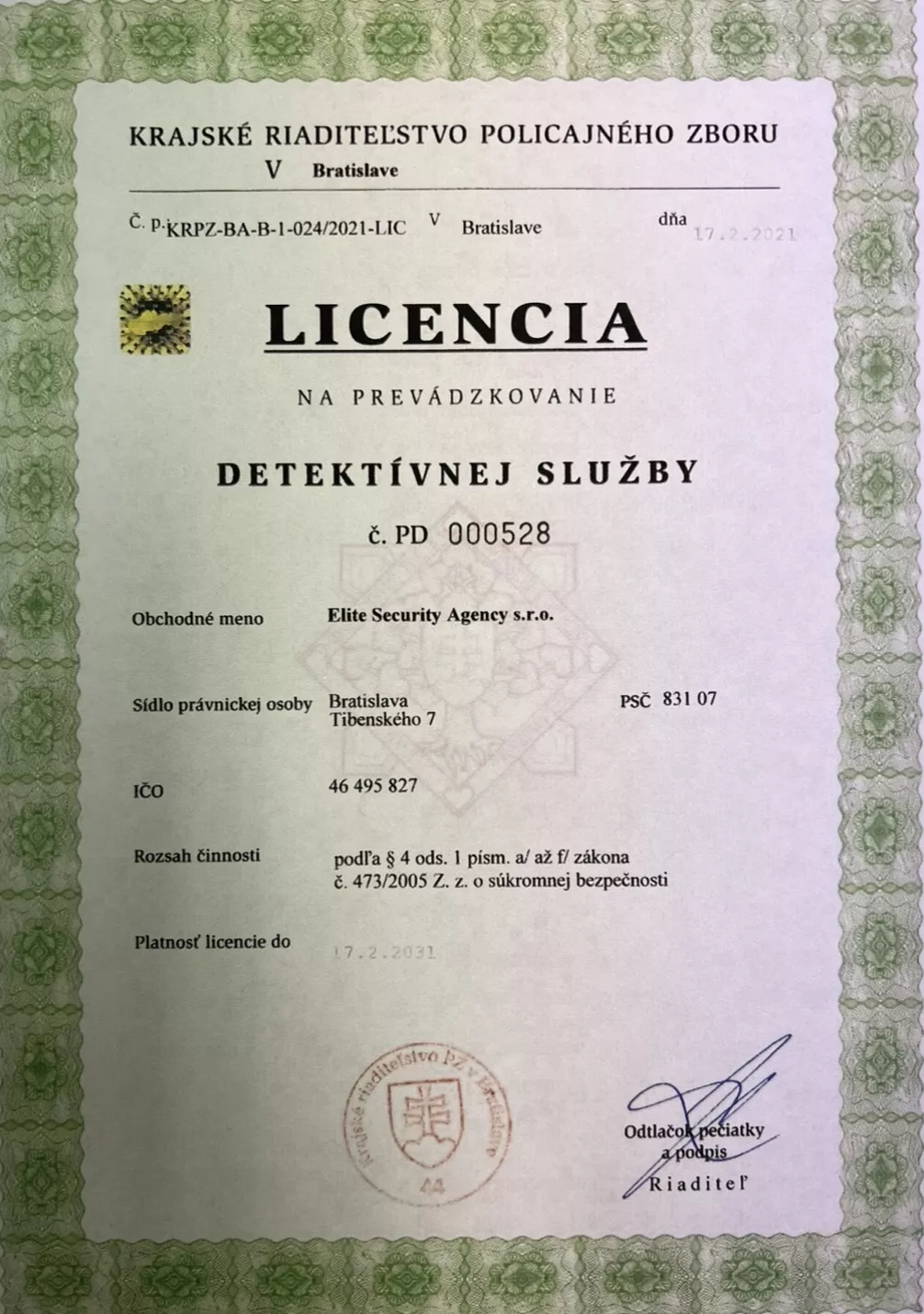 Licencia na prevádzkovanie detektívnej služby č. PD 000528 — Elite Security Agency s.r.o.
